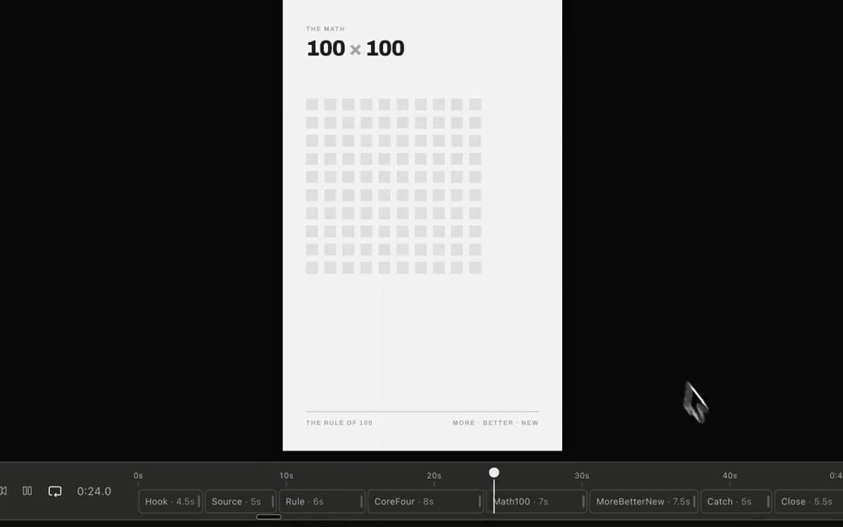 A Remotion project open beside an AI conversation: a vertical composition previewing "THE MATH — 100 × 100" above a timeline of eight named scenes from Hook to Close, totalling 48.5 seconds.