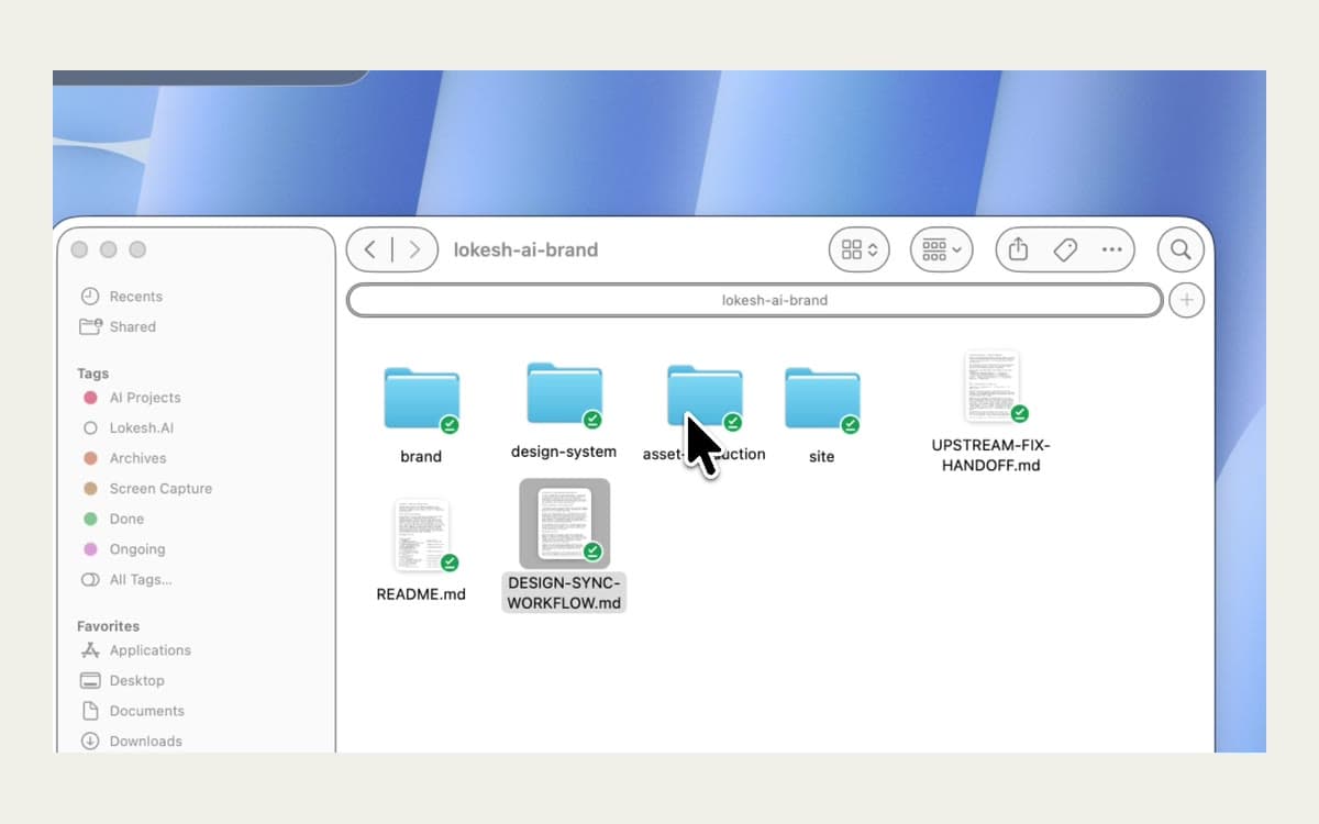 A macOS Notes document titled "Lokesh.ai — Brand Kit & Design System", listing the project's package structure including README.md, CLAUDE-CODE-START.md and DESIGN-SYNC-WORKFLOW.md.